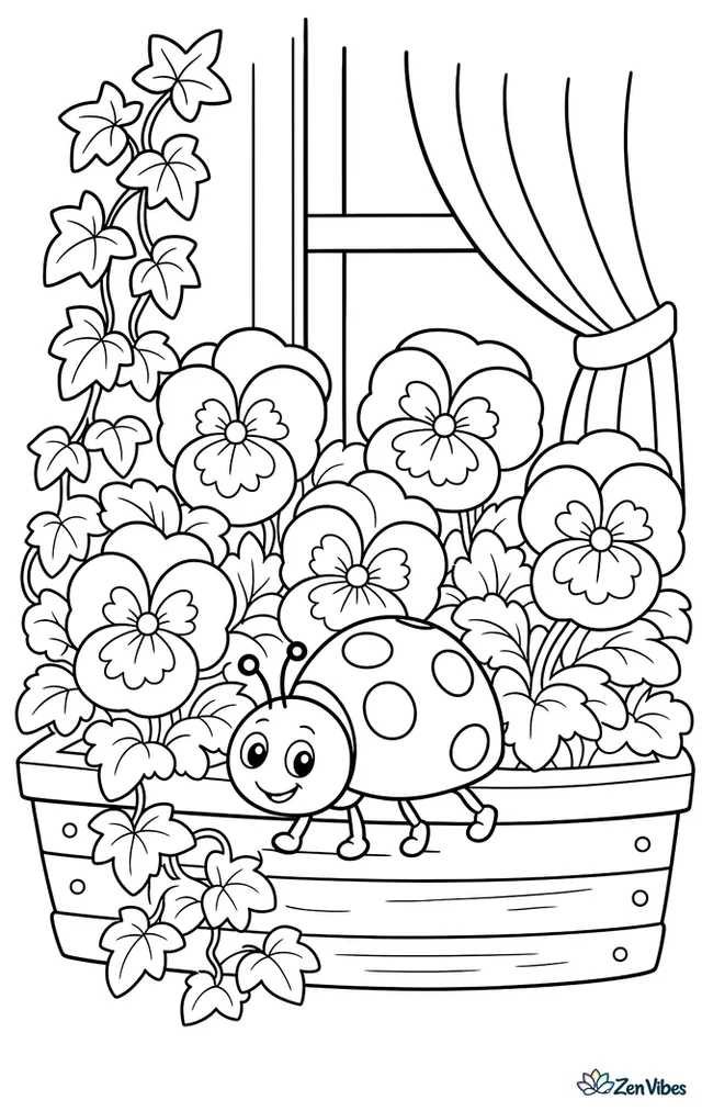 A kidney-spot ladybird walks along a windowbox full of pansies, with wooden slats, trailing ivy, and a striped curtain visible through the nearby window.