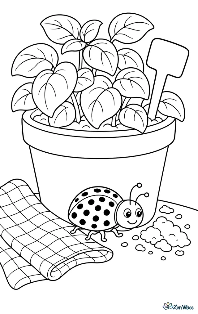 A twenty-two-spot lady beetle wanders through a kitchen herb pot, passing basil leaves, a plant marker, spilled soil, and a checked cloth on the table.