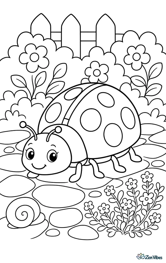 A cream-streaked lady beetle travels along a stone garden path, with low thyme, a tiny snail shell, and a picket fence behind blooming shrubs.