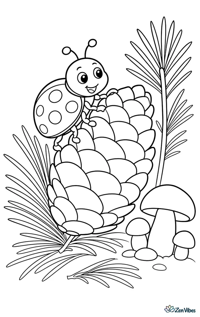 A pine ladybird climbs a fallen pine cone, with long needles, a sprouting sapling, and a few rounded forest mushrooms on the ground nearby.
