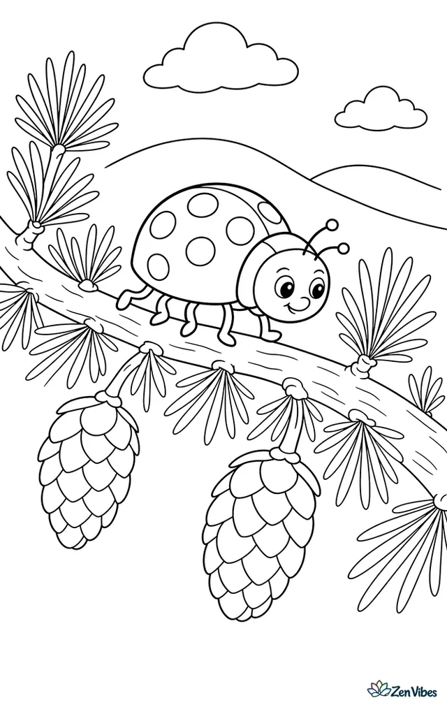 A larch ladybird walks along a feathery larch branch, with hanging cones, layered needles, and distant rolling hills under a calm sky.