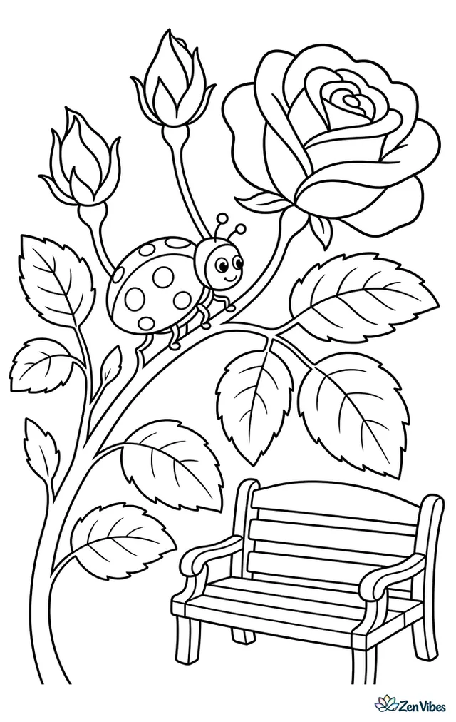 An orange-spotted lady beetle explores a rosebush, pausing on a thornless stem near a blooming rose, unopened buds, and layered leaves above a garden bench.