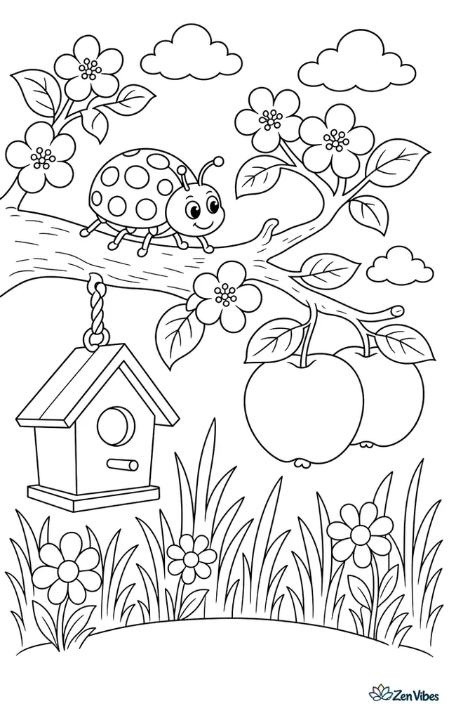 A harlequin ladybird crawls over an apple tree branch, passing blossoms, a hanging birdhouse, and two ripe apples above tall meadow grass.