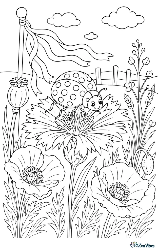 A fourteen-spot ladybird balances on a cornflower in a wildflower meadow, with poppies, seed heads, fluttering ribbons on a stake, and distant fence posts.