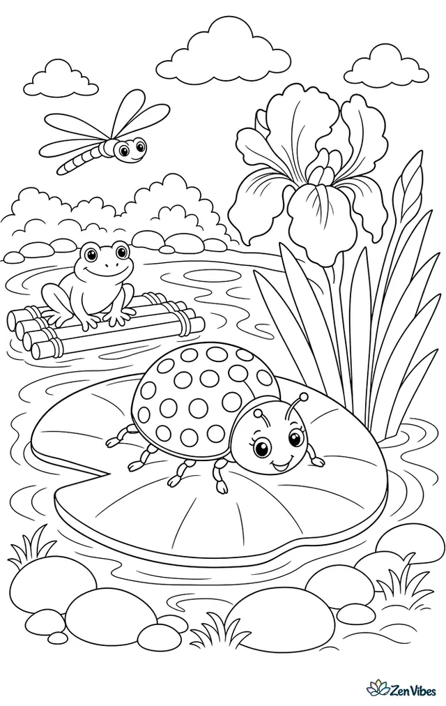 A fifteen-spotted lady beetle stands on a floating lily pad beside a pond iris, with a frog-sized reed raft, dragonfly ripples, and rounded stones along the shore.