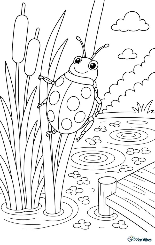 A water ladybird clings to reeds at the edge of a pond, with cattails, floating duckweed, a wooden dock corner, and circles spreading across the water.