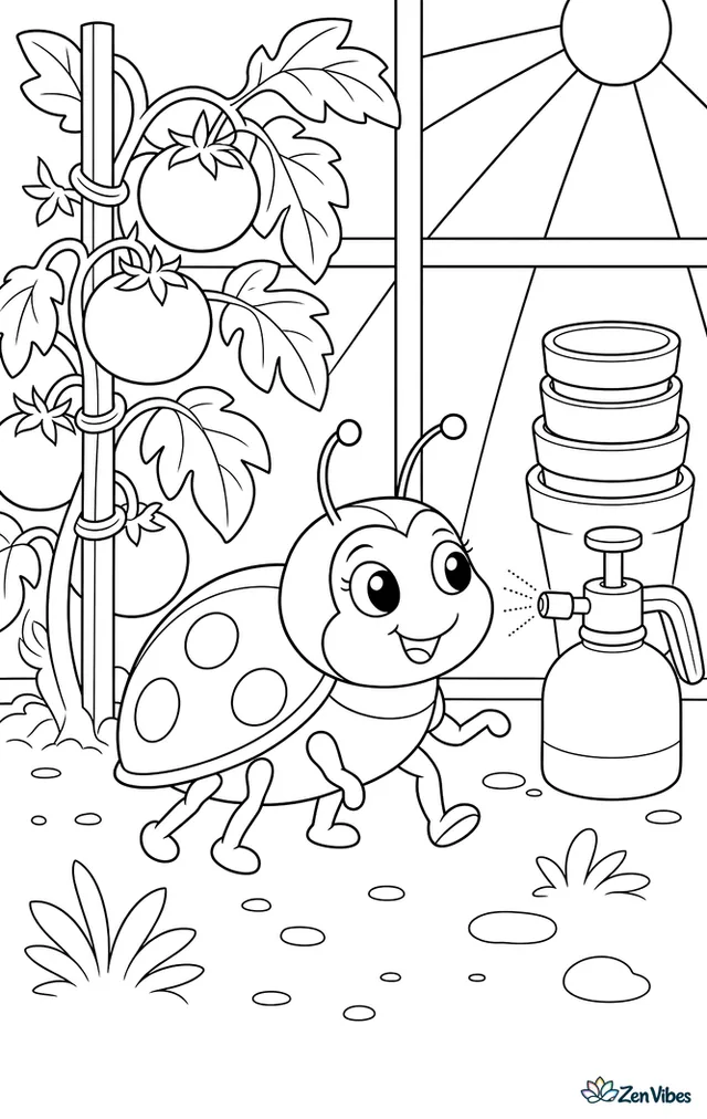 A mealybug destroyer lady beetle patrols greenhouse tomatoes, walking past vine ties, stacked pots, a watering mister, and sunbeams through glass panes.