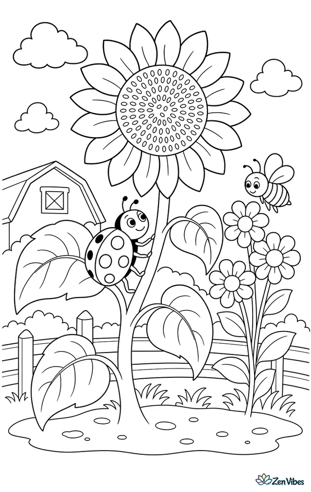 A transverse ladybug climbs a towering sunflower, with broad leaves, seed-filled center details, buzzing bee-safe blossoms nearby, and a barn roof in the distance.