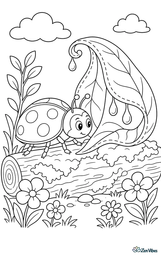 A margined lady beetle investigates a curled leaf shelter, with stitched-looking edges, hanging dew, a mossy log, and tiny woodland flowers around the base.
