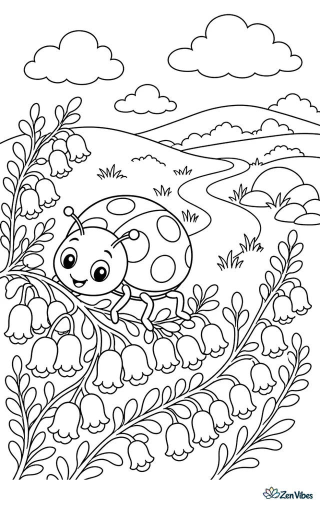 A pink ladybird crawls through blooming heather, with clustered bells, a winding footpath, smooth hillside rocks, and drifting clouds over open moorland.