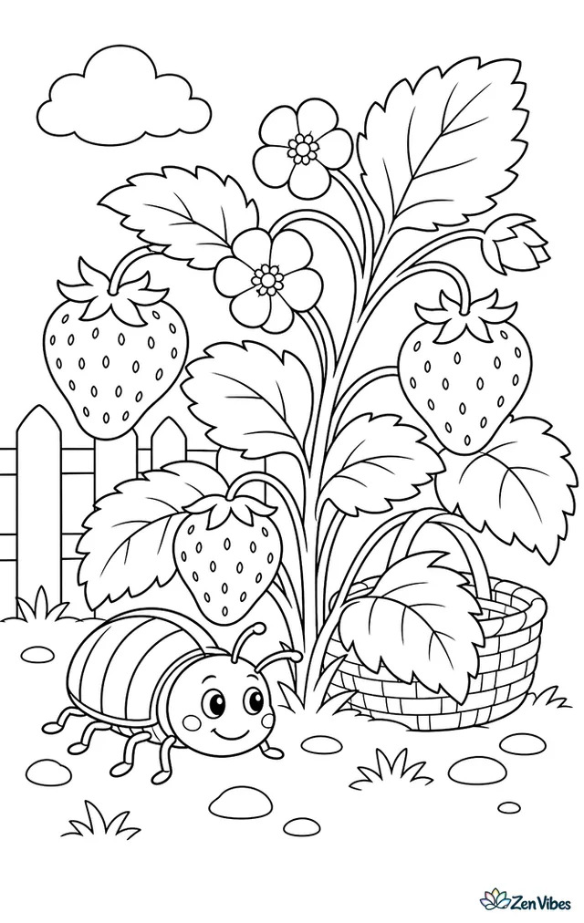 A striped ladybird explores a strawberry plant, moving past ripe berries, white blossoms, serrated leaves, and a woven basket tucked under the garden row.