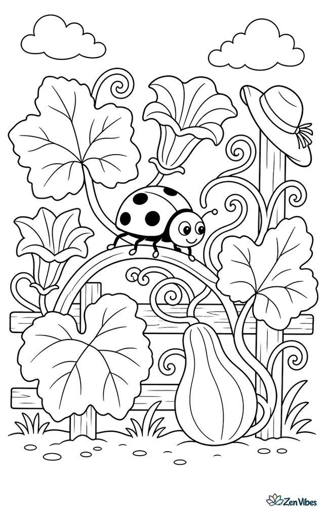 A squash lady beetle walks across curling squash vines, with big leaves, striped blossoms, a wooden trellis, and a scarecrow hat hanging on a post.