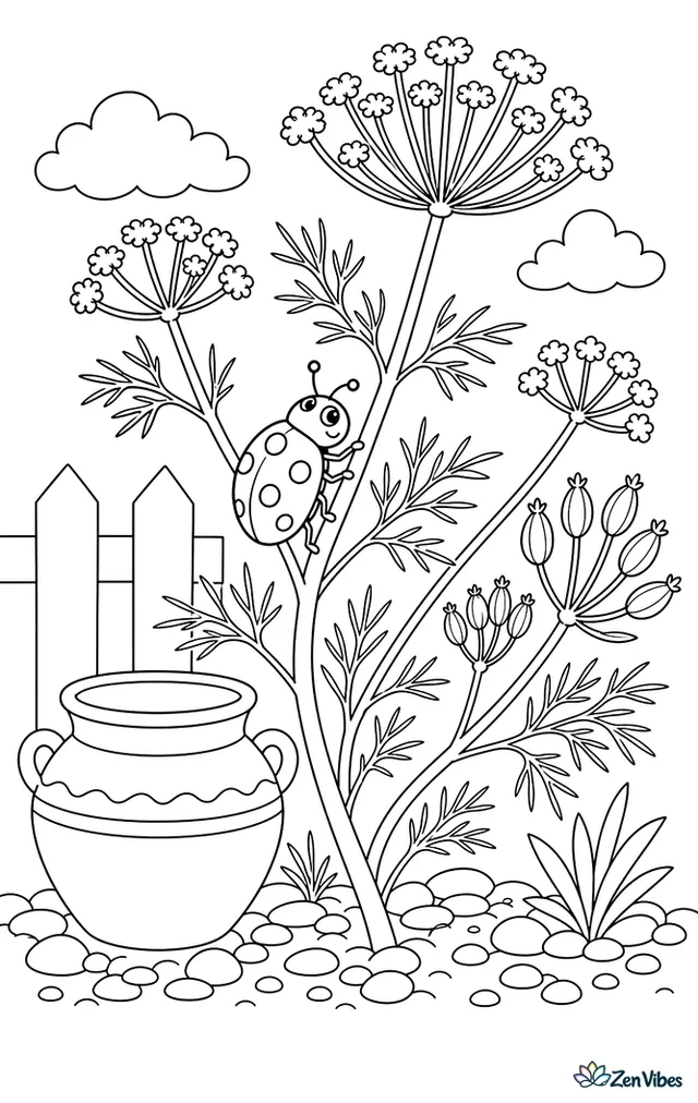 A spotted amber lady beetle climbs airy fennel fronds, with umbrella-shaped flower clusters, seed heads, and a clay pot resting beside a gravel herb bed.