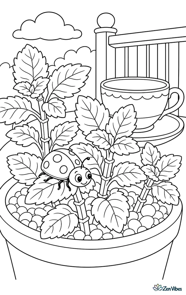 A steelblue ladybird moves through mint leaves near a teacup saucer, with square stems, pebbled soil, and a porch railing beyond the planter.