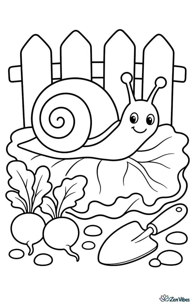A garden snail stretches across a broad lettuce leaf in a vegetable patch, with two radishes, a small trowel, pebbles, and a simple wooden fence behind it.