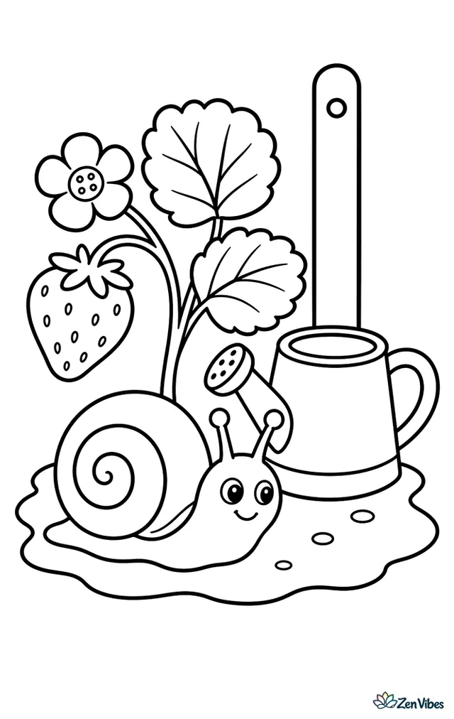 A Roman snail glides beside a ripe strawberry plant, passing one blossom, two round leaves, and a watering can on bare soil under a plain garden stake.