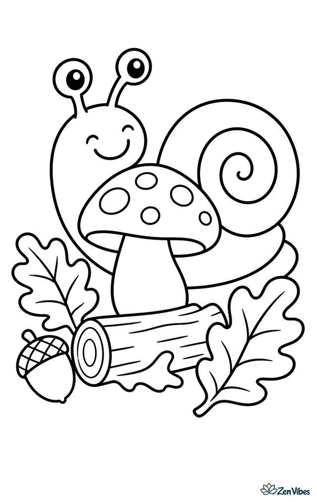 A grove snail curves around a single mushroom cap on forest ground, surrounded by fallen oak leaves, one acorn, and a short log with simple bark lines.