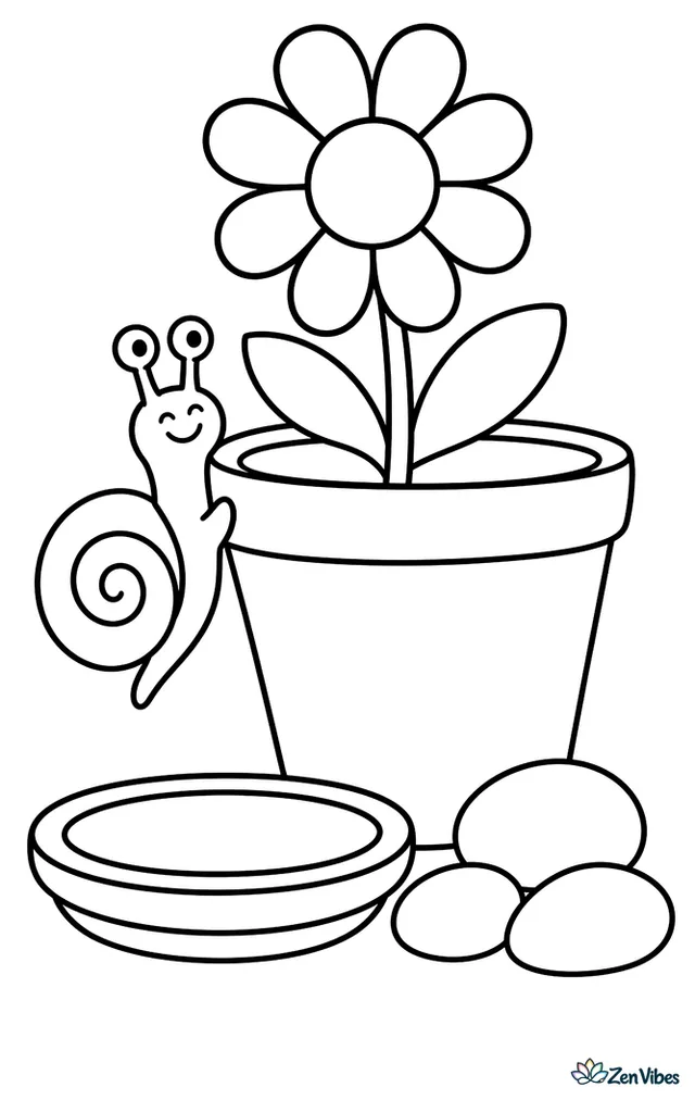 A milk snail climbs the side of a clay flowerpot on a porch, with a daisy bloom, a small saucer, and three smooth stones arranged nearby.