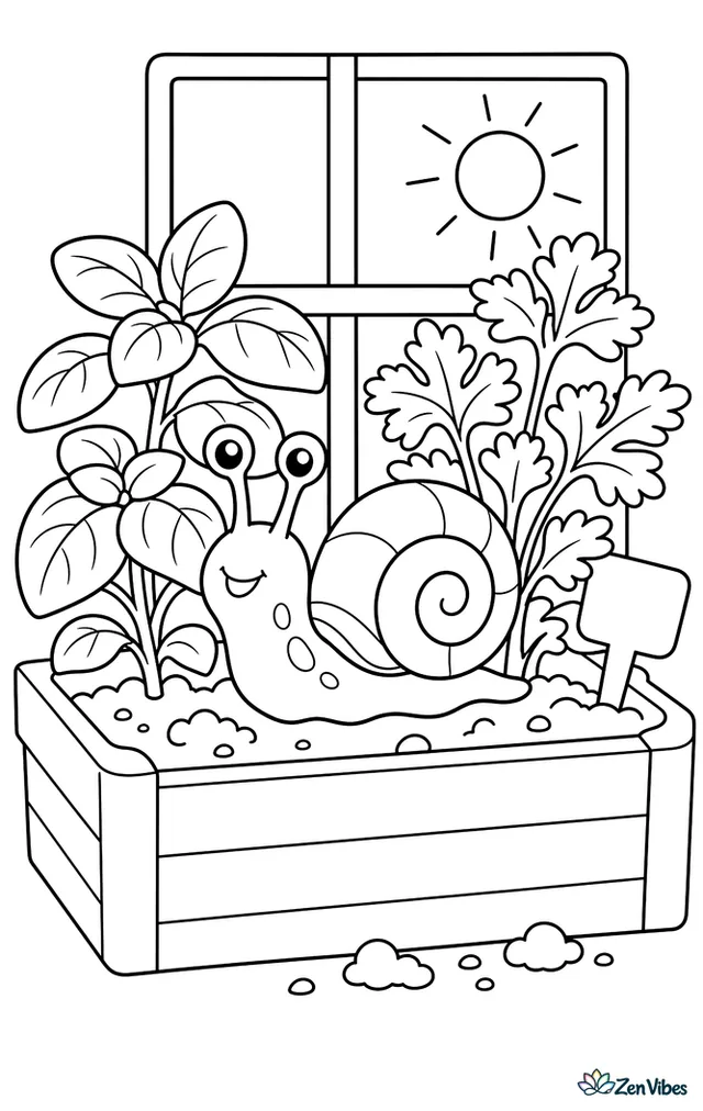 A brown-lipped snail slides between basil and parsley in a kitchen herb box, with a plant marker, scattered soil, and a sunny window frame in the background.