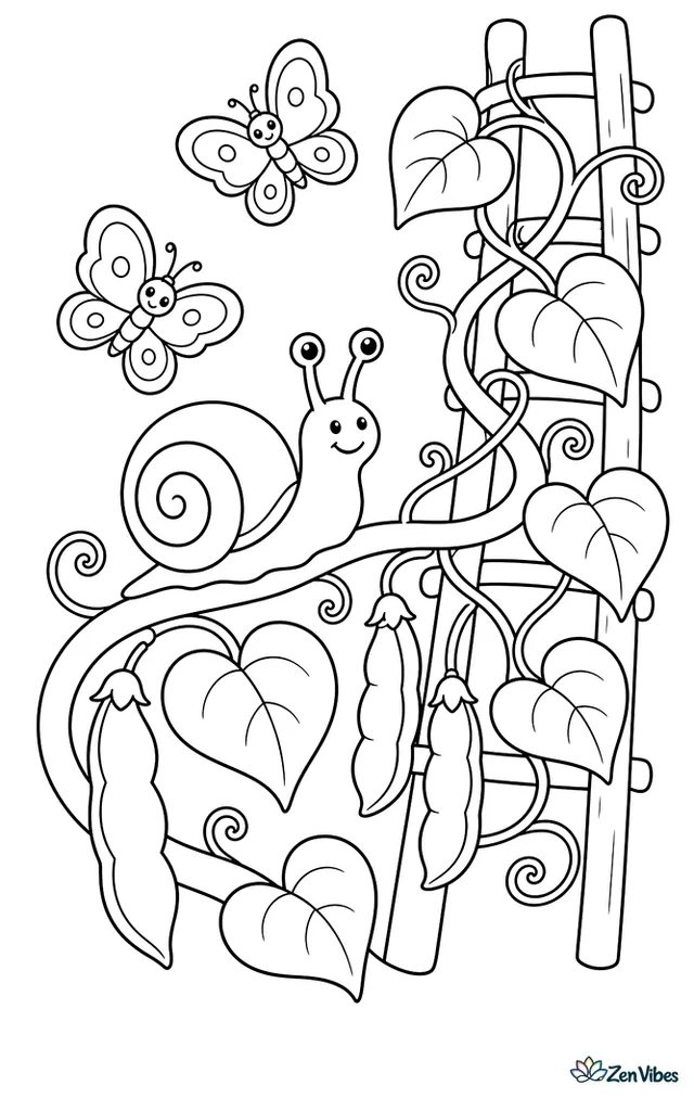 A white garden snail travels along a curling bean vine, passing tendrils, hanging pods, and a trellis ladder while butterflies flutter over the garden bed.