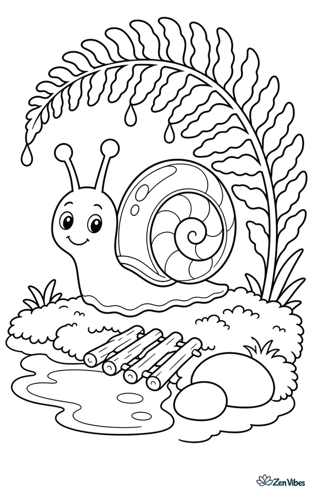 A glass snail moves under arching fern fronds after rain, crossing mossy ground beside a puddle, a tiny twig bridge, and two rounded river stones.
