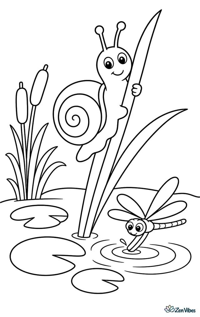An amber snail inches up a reed at the edge of a pond, above lily pads, cattails, and ripples where a dragonfly skims the water.