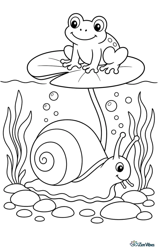 An apple snail glides beneath shallow pond water beside a lily pad stem, with pebbles, waving pondweed, small bubbles, and a frog resting above.