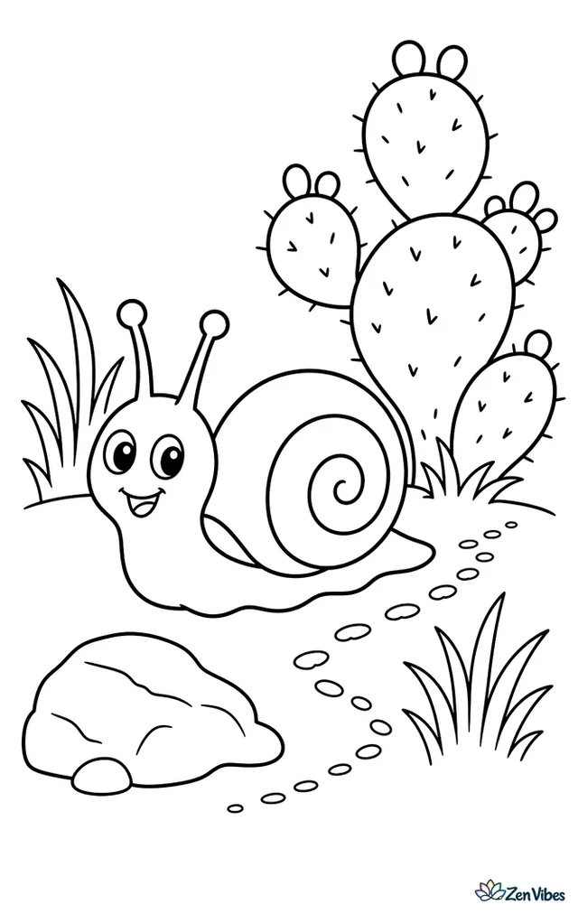 A desert snail crosses sandy ground near a prickly pear cactus, passing dry grasses, a sun-baked rock, and a winding trail of tiny footprints.