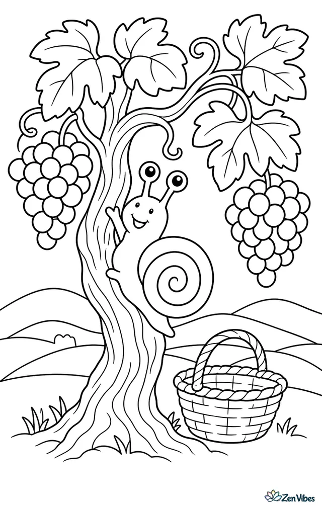 A vine snail climbs a grapevine trunk in a vineyard row, with hanging grape clusters, broad leaves, a basket on the ground, and distant rolling hills.
