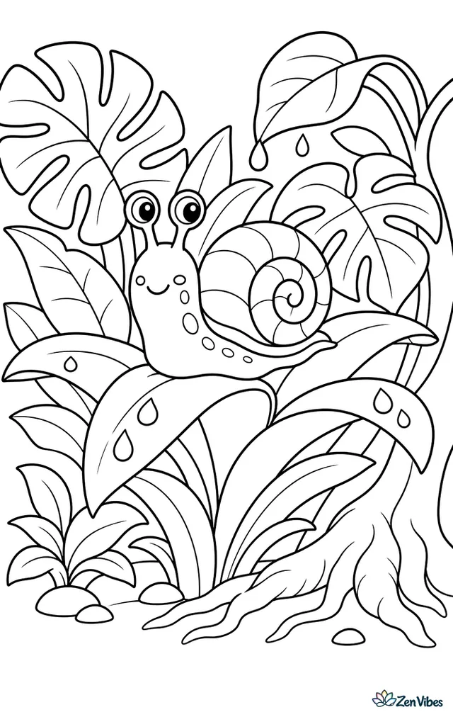 A Caracolus snail rests on a bromeliad leaf in a tropical garden, surrounded by layered foliage, a tree root, and raindrops clinging to leaves.