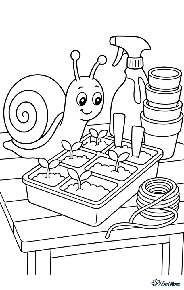 A greenhouse snail explores a tray of seedlings on a potting bench, among plant labels, a spray bottle, coiled twine, and stacked terra-cotta pots.
