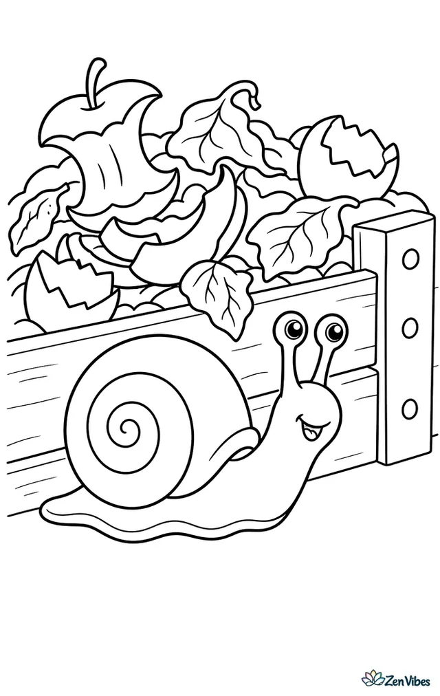 A land snail crosses the edge of a compost pile, weaving past apple peels, eggshell pieces, wilted leaves, and a wooden bin wall.