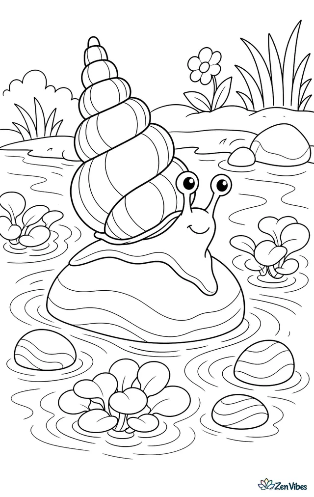 A pagoda snail clings to a smooth stone in a clear stream, with drifting water plants, striped pebbles, and ripples curling around its shell.