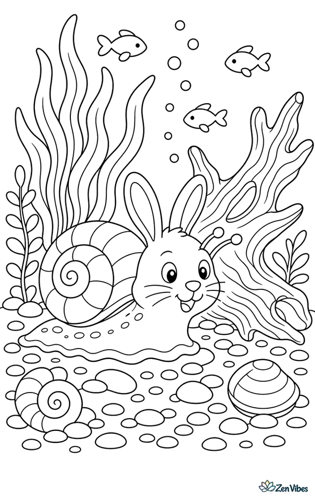 A rabbit snail crawls along aquarium gravel beside a piece of driftwood, with tall water plants, rounded shells, and tiny fish silhouettes in the background.