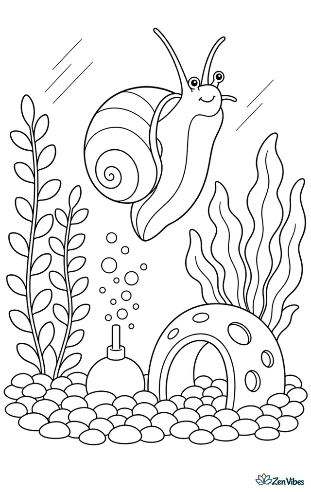 A mystery snail climbs the glass wall of a home aquarium, above colorful gravel, a bubbling air stone, leafy stems, and a sunken ceramic arch.