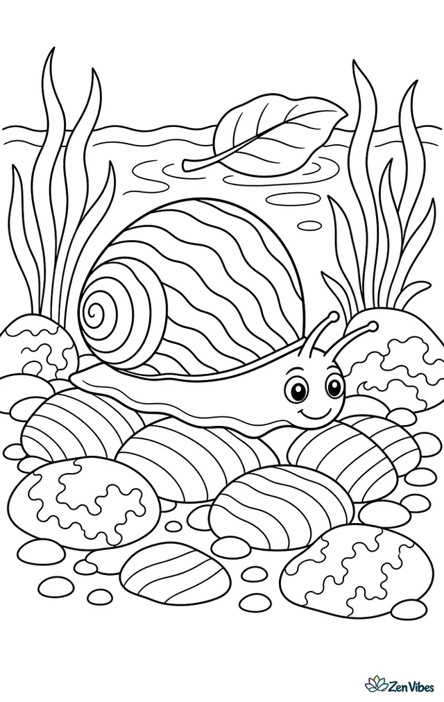 A nerite snail glides over striped pebbles in shallow water, surrounded by algae-coated stones, ribbon grass, a floating leaf, and gentle wave lines.