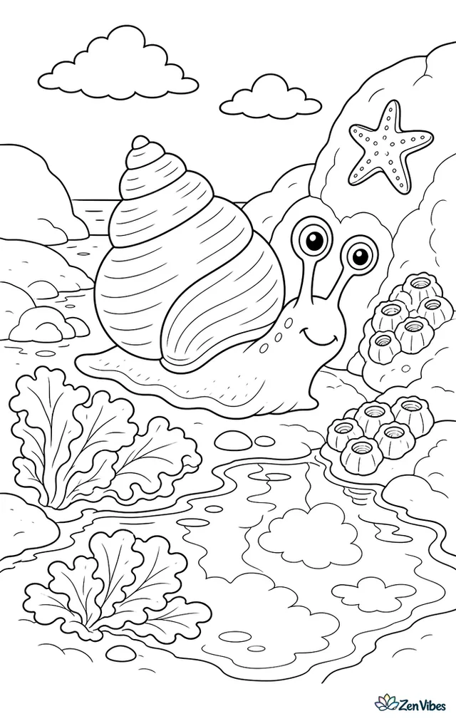 A turban snail creeps through a rocky tidepool, passing sea lettuce, barnacle clusters, a small starfish on the rock wall, and reflected clouds above.