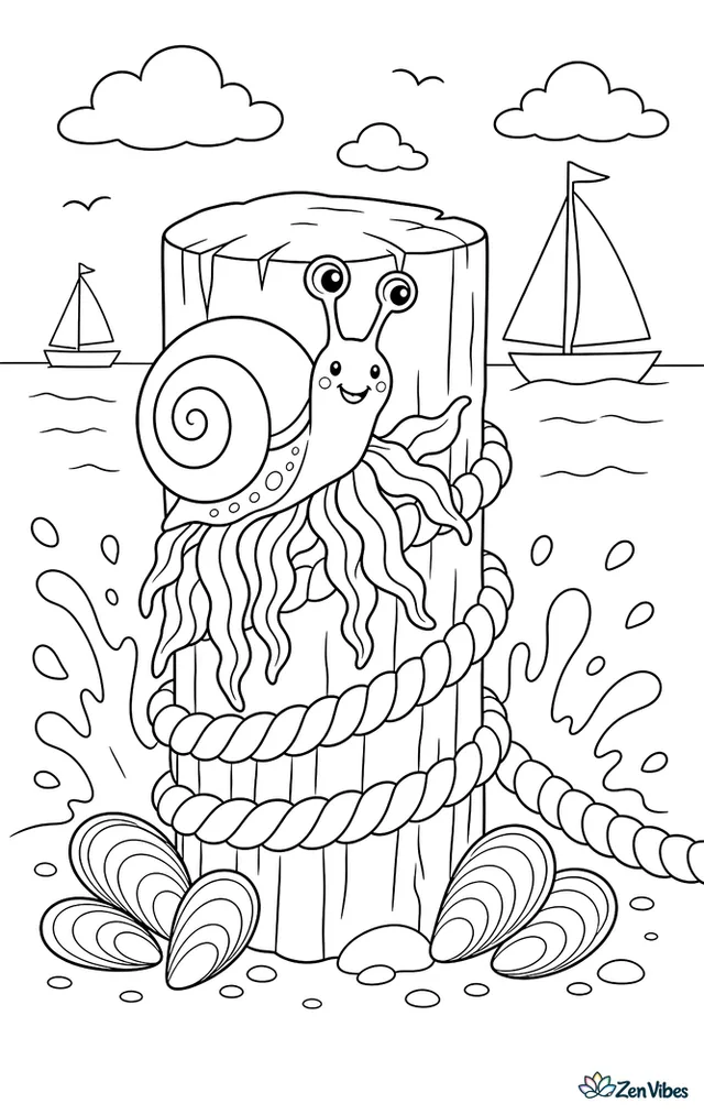 A periwinkle snail clings to seaweed on a wooden jetty post, with rope loops, mussel shells, splashing water, and distant sailboats on the bay.