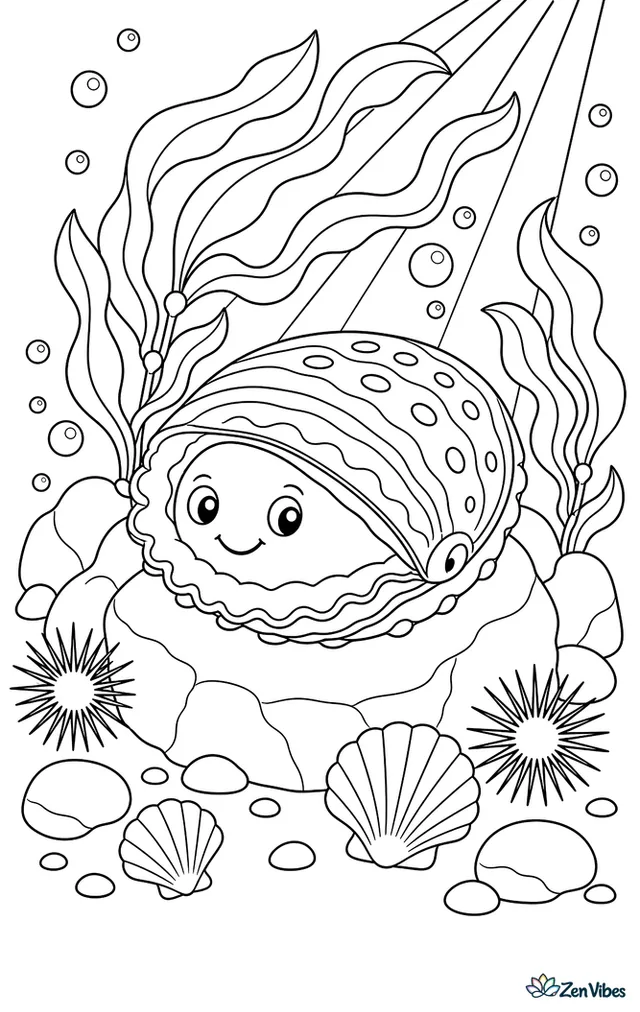 An abalone grips an underwater reef stone beneath swaying kelp blades, surrounded by bubbles, sea urchin shapes, scalloped rocks, and shafts of sunlight.