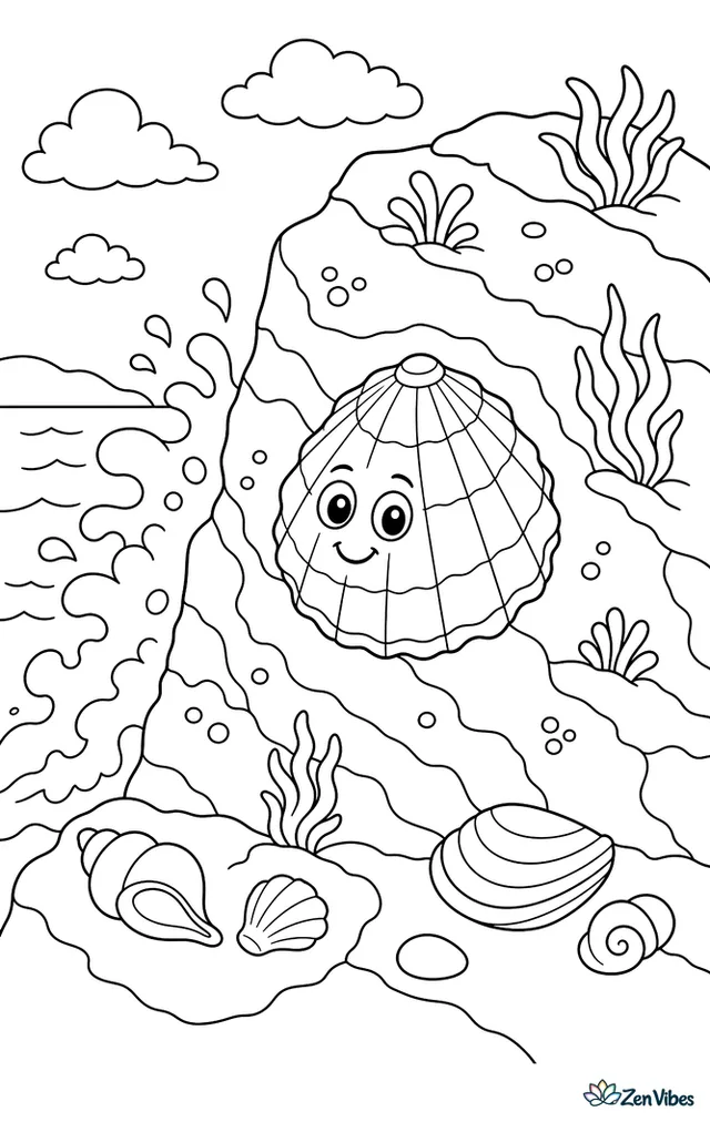A limpet holds fast to a wave-washed cliff rock, with foamy spray, tide marks, tiny algae tufts, and neighboring shells scattered nearby.