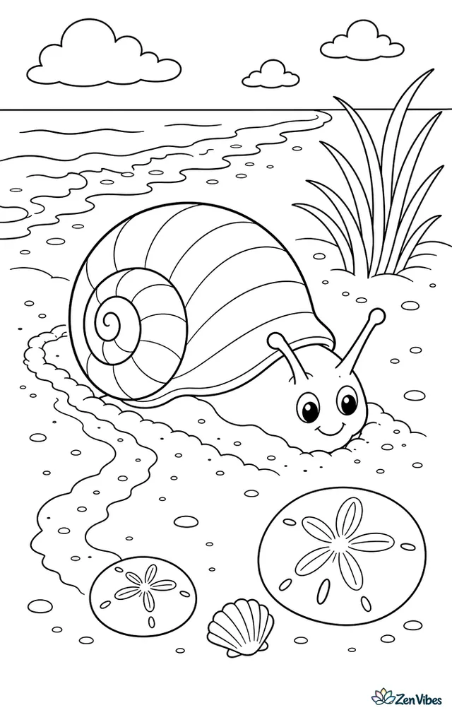 A moon snail burrows through wet beach sand near a shallow shell trail, with sand dollars, a strand of sea grass, and receding surf.
