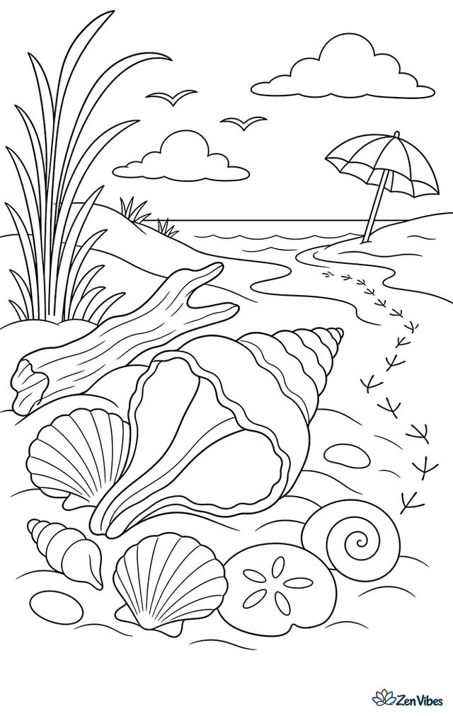 A whelk rests among shells at the edge of coastal dunes, with beach grass, driftwood, a striped umbrella in the distance, and curving shorebirds tracks.