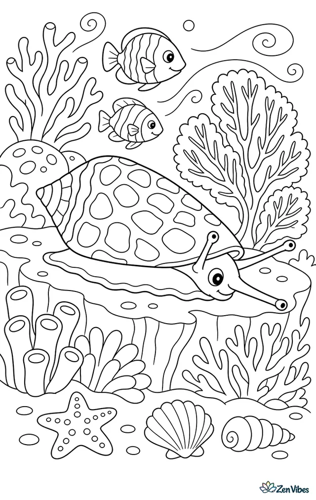 A cone snail moves across a coral reef ledge, surrounded by branching coral, sea fans, patterned fish, and swirls of current above the seafloor.