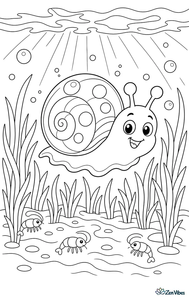 A bubble snail floats just above a seagrass bed, with delicate blades, tiny shrimp shapes, sandy ripples, and sunlight dappling the shallow lagoon.