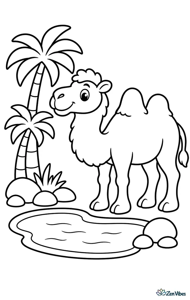 A Bactrian camel stands near a quiet oasis pool, with two palm trees, a few smooth rocks, and a tiny patch of grass under a clear sky.