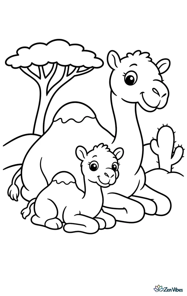A young dromedary camel calf lies on warm sand beside its mother, with a single acacia tree, a small cactus, and low dunes behind them.