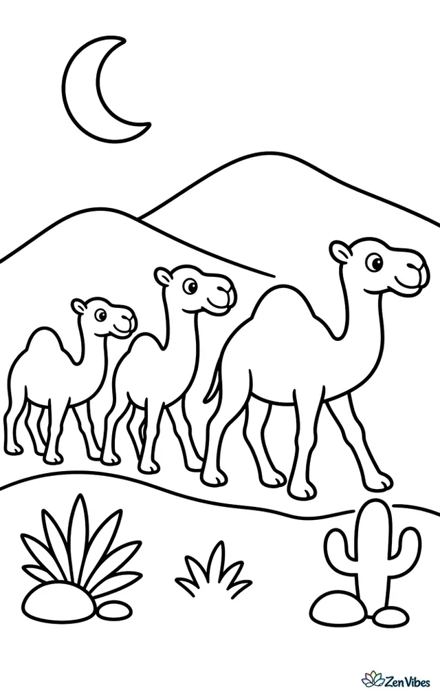 Three dromedary camels walk in a desert caravan at sunset, passing rolling dunes, a crescent moon, and scattered desert plants in a wide open scene.