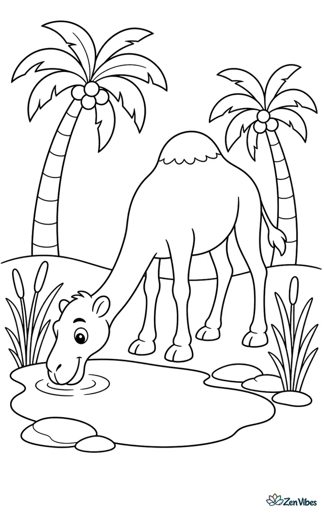A dromedary camel lowers its head to drink from a desert watering hole, surrounded by reeds, flat stones, and two date palms swaying lightly nearby.
