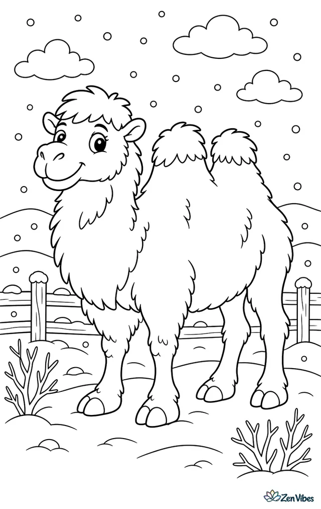 A shaggy Bactrian camel stands in a snowy field, with bare bushes, distant hills, and a wooden fence line under falling snowflakes and soft clouds.