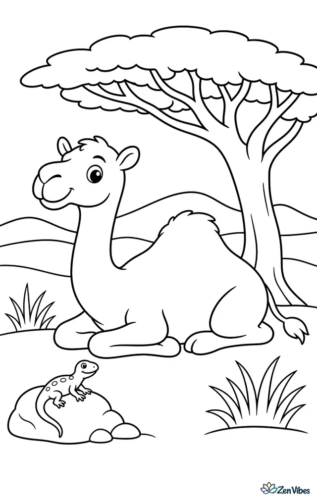A dromedary camel relaxes in the shade of a broad acacia tree, with dry grass, a lizard on a rock, and layered dunes in the distance.